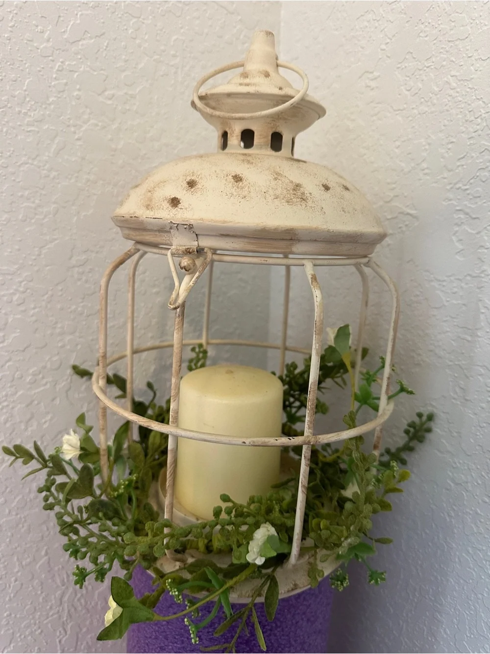 Distressed Cream Metal Decorative Lantern with Candle